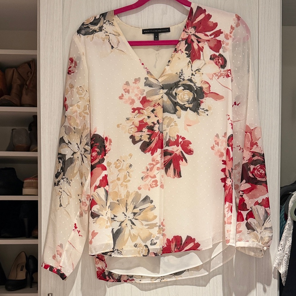 White House Black Market Floral V-Neck Blouse - Red, Cream, Black